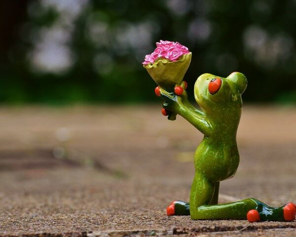 A frog figurine on his knees with a bouquet.