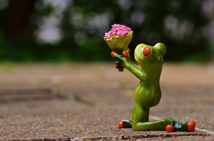 A frog figurine on his knees with a bouquet.