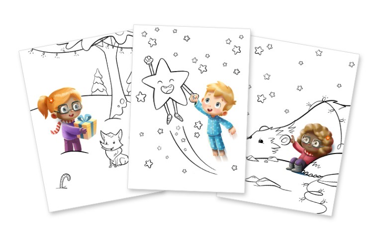 Pages from a personalized Hooray Heroes Xmas coloring book for kids.