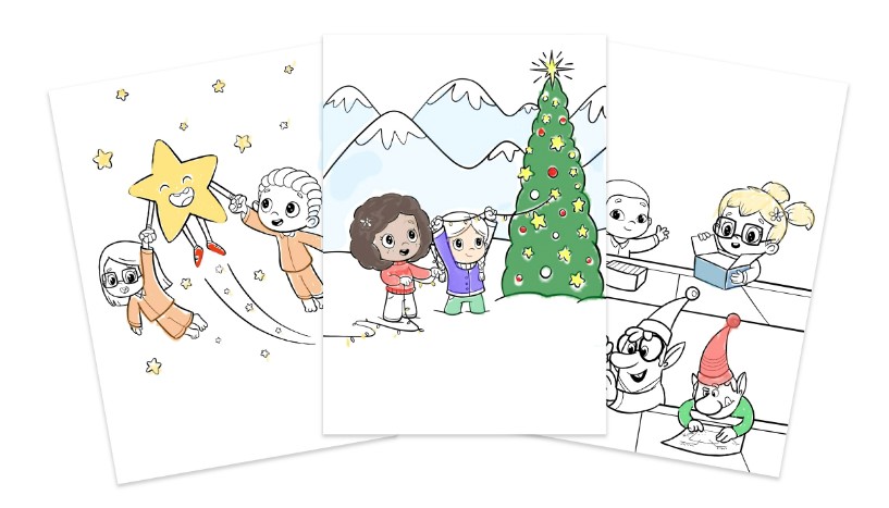 Pages from a personalized Hooray Heroes Xmas siblings coloring book for kids.